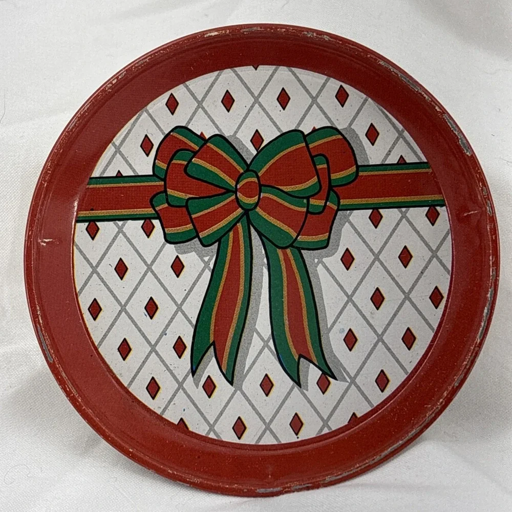 Vintage‎ Metal Christmas Drink Coasters Red Green Bow Retro 1960